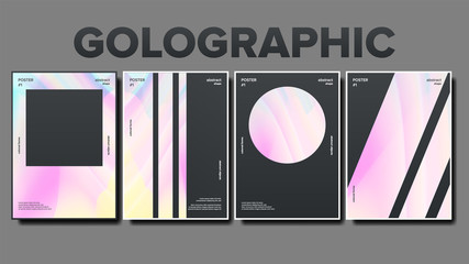 Poster - Poster With Abstract Golographic Background Vector. Banner With Golographic Colored Forms And Object. Creative Geometric Line And Wave Shape. Gradient Composition Flat Illustration