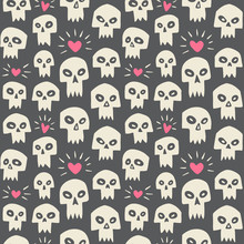 Hand Drawn Evil Skulls With Hearts Seamless Vector Pattern. Cute Cartoon Skulls With Sharp Vampire Teeth And Shining Hearts Texture. Valentines Day Funny Background. Theme Of Love And Death Design.