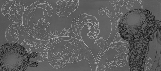 Wall Mural - Jewelry theme. Dark gray background with hand-painted jewelery. Textural background for creativity.