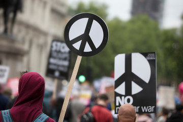 A person holds a peace sign banner at a protest