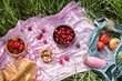 Zero waste summer picnic on the with cherries in the wooden coconut bowls, fresh bread and glass bottle of juice or smoothie on pink blanket, flatlay