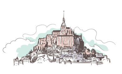 Wall Mural - line art isolated France castle Saint Michel vector sketch