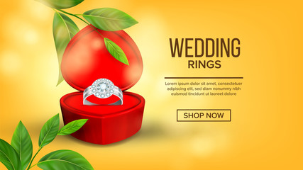 Poster - Diamond Wedding Ring In Box Landing Page Vector. Modern Banner With Gift For Loving Woman Silver Annulus With Gemstone Decorated Branch With Green Leaves Website Or Web Page. Realistic 3d Illustration