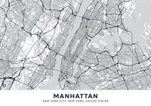 Manhattan Map. Light Poster With Map Of Manhattan Borough (New York, United States). Highly Detailed Map Of Manhattan With Water Objects, Roads, Railways, Etc. Printable Poster.