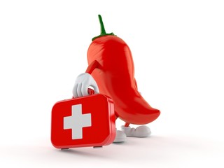 Wall Mural - Hot chili pepper character holding first aid kit