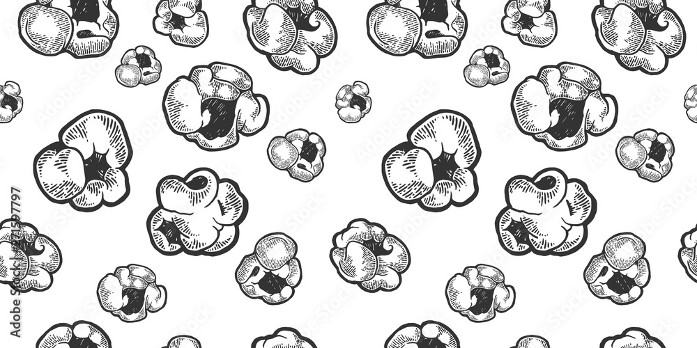 Popcorn food sketch engraving seamless pattern on white background vector illustration. Scratch board style imitation. Black and white hand drawn image. - obrazy, fototapety, plakaty 
