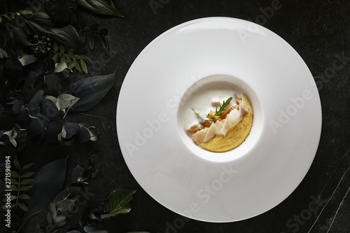 Cuadros en Lienzo Homemade Italian Cream Polenta, Boiled Cornmeal or Porridge with Porcini Mushroo