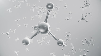 Wall Mural - 3D rendering molecule structure. Scientific medical background with atoms and molecules. Grey background. Scientific animation for your banner, text. Molecule consists of atoms chemical element