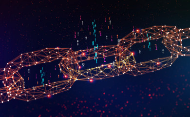 Poster - Blockchain. Chain of information blocks in cyberspace. 3D illustration of a global computer network of the future. Data protection on the decentralized internet