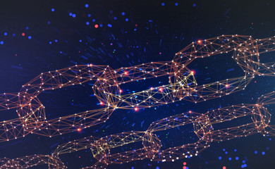 Poster - Blockchain. Chain of information blocks in cyberspace. 3D illustration of a global computer network of the future. Data protection on the decentralized internet