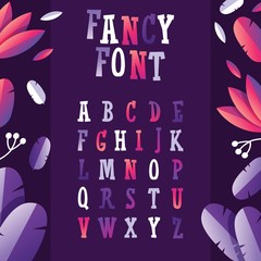 Poster - Fancy english alphabet from Ato Z in vivid color gradients, decorated with leaves and greenry design. Vector illustration, good for quote writing and creative lettering, logo design