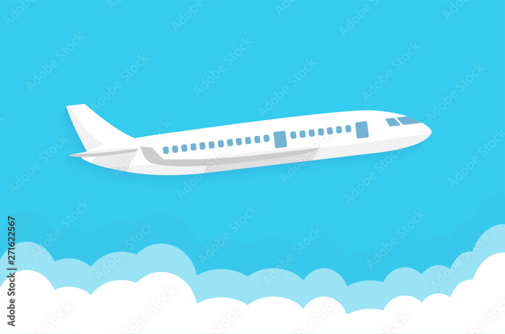 Airplane flies in the sky and cloud on blue background. Concept time to ...