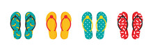 Set, Collection Of Colorful Cartoon Flip Flops With Ornaments, Patterns For Summer Design.