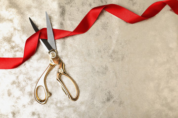 Stylish scissors and red ribbon on color background, flat lay with space for text. Ceremonial tape cutting