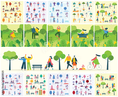 Vector Nature Eco Backgrounds With Girls And Boys Run And Jump Do