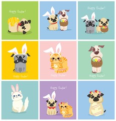 Wall Mural - Vector Easter cards with people, cute puppy dog, rat, panda and cat with rabbit ears, spring flower, egg and hand drawn text - Happy Easter in the flat style