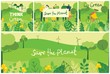© virinaflora - Vector illustration ECO background of Concept of green eco energy and quote Save the planet. Landscape, forest, hills and trees with wind turbines in flat geometric style