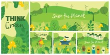 Vector Illustration ECO Background Of Concept Of Green Eco Energy And Quote Save The Planet. Landscape, Forest, People Activists With Eco Banners In Flat Geometric Style.
