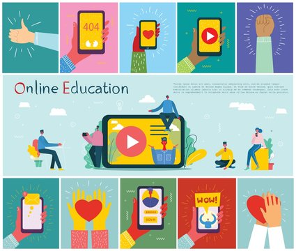 Vector illustrations of concept of Online education, training and workshops in flat design 