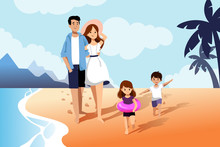 Happy Family Enjoy Summer Vacation. Summer Travel And Leisure On Sea Beach. Vector Flat Cartoon Illustration.