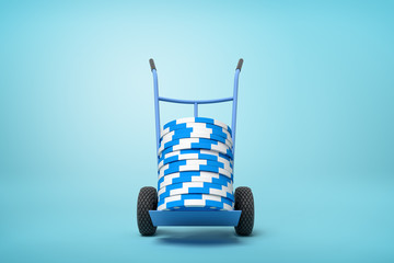 Poster - 3d rendering of stack of blue and white poker chips on blue hand truck on light-blue background with copy space.