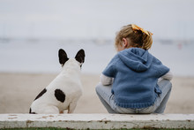 Back View Of Small Girl Near French Bulldog While Sitting On Beach Near Sea Together