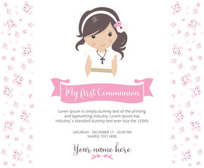 Sticker - My first communion invitation. Beautiful girl with communion dress and cute flower frame