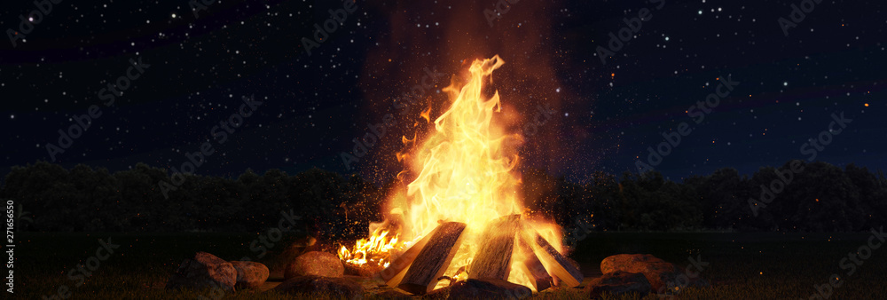 3d rendering of large bonfire with sparks and particles in front of forest and starry sky - obrazy, fototapety, plakaty 