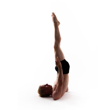 Yoga alphabet. The letter J formed by gymnast body