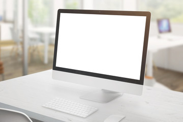 Poster - Modern computer display on white office desk. Isolated screen for mockup, app or web site design presentation. Office interior in background.