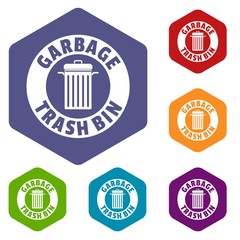 Poster - Bin dump icons vector colorful hexahedron set collection isolated on white 