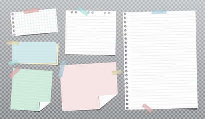 white, colorful and lined note, notebook paper stuck on grey squared background. vector illustration