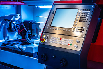 Poster - cnc metalworking center. machine with software control. programming of cnc machines. lathe work. met