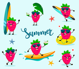 Wall Mural - Set of funny summer strawberries in a cartoon style kawaii.