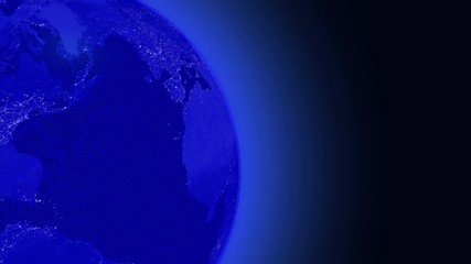 Wall Mural - Spinning Blue Neon Earth to North America. Graphic Design with Transparent and Grid Lines