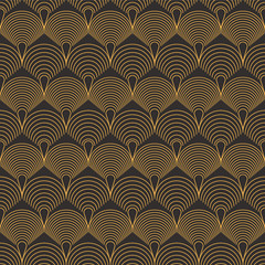  Art Deco seamless luxury geometric pattern. Golden lined shape. Vector Leaves stylish background. Abstract sea shell illustration.