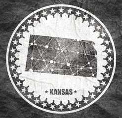 Wall Mural - Image relative to USA travel. Kansas state map textured by lines and dots pattern. Stamp in the shape of a circle