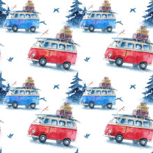 Seamless Watercolor Pattern With A Hippie Bus, Travel And Adventure