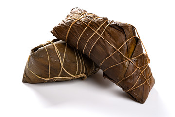 two pieces wrapped Chinese ZongZi on white for Dragon Boat Festival ie DuanWu festival on white