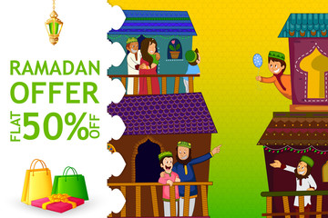 Wall Mural - Muslim families wishing Eid Mubarak,Happy Eid on Ramadan festival shopping sale in vector