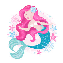 Badges. Beautiful Mermaid For T Shirts And Fabrics Or Kids Fashion Artworks, Children Books. Fashion Illustration Drawing In Modern Style. Cute Mermaid. Girl Print