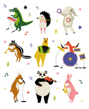 Collection Of Cute Cartoon Animals Musicians Characters Playing Various Musical Instruments, Crocodile, Hedgehog, Elephant, Gopher, Alpaca, Deer, Panda Bear, Bunny, Fox Vector Illustration