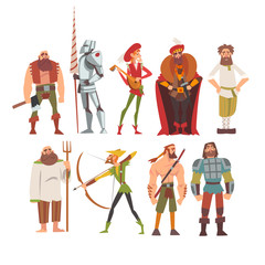 Canvas Print - Medieval Historical Cartoon Characters in Traditional Costumes Set, Peasant, Warrior, Nobleman, Archer, Musician, Peasant Vector Illustration