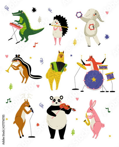 Fotografía Collection of Cute Cartoon Animals Musicians Characters Playing Various Musical