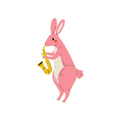 Wall Mural - Pink Playing Saxophone, Cute Cartoon Animal Musician Character Playing Musical Instrument Vector Illustration