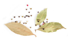 Bay Leaf On White Background With Black Pepper Peas