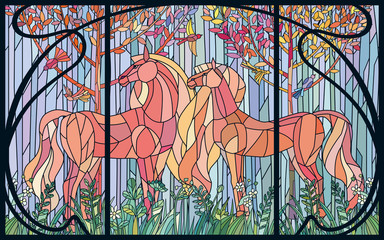 Wall Mural - Stained glass horses of color patches in the frame of Art Nouveau style. Imitation colored glass