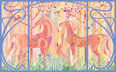 Naklejka na meble Stained glass horses of color patches in the frame of Art Nouveau style. Delicate shades of pink orange green. Imitation colored glass