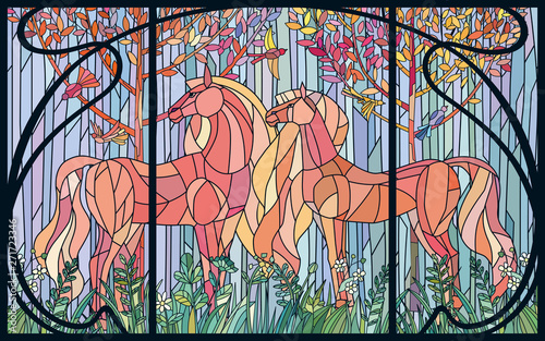 Dekoracja na wymiar  witrazowe-konie-z-kolorowymi-latami-w-oprawie-stylu-art-nouveau-imitacja-kolorowa
