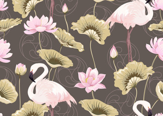 Wall Mural - Seamless pattern with pink flamingos and lotuses